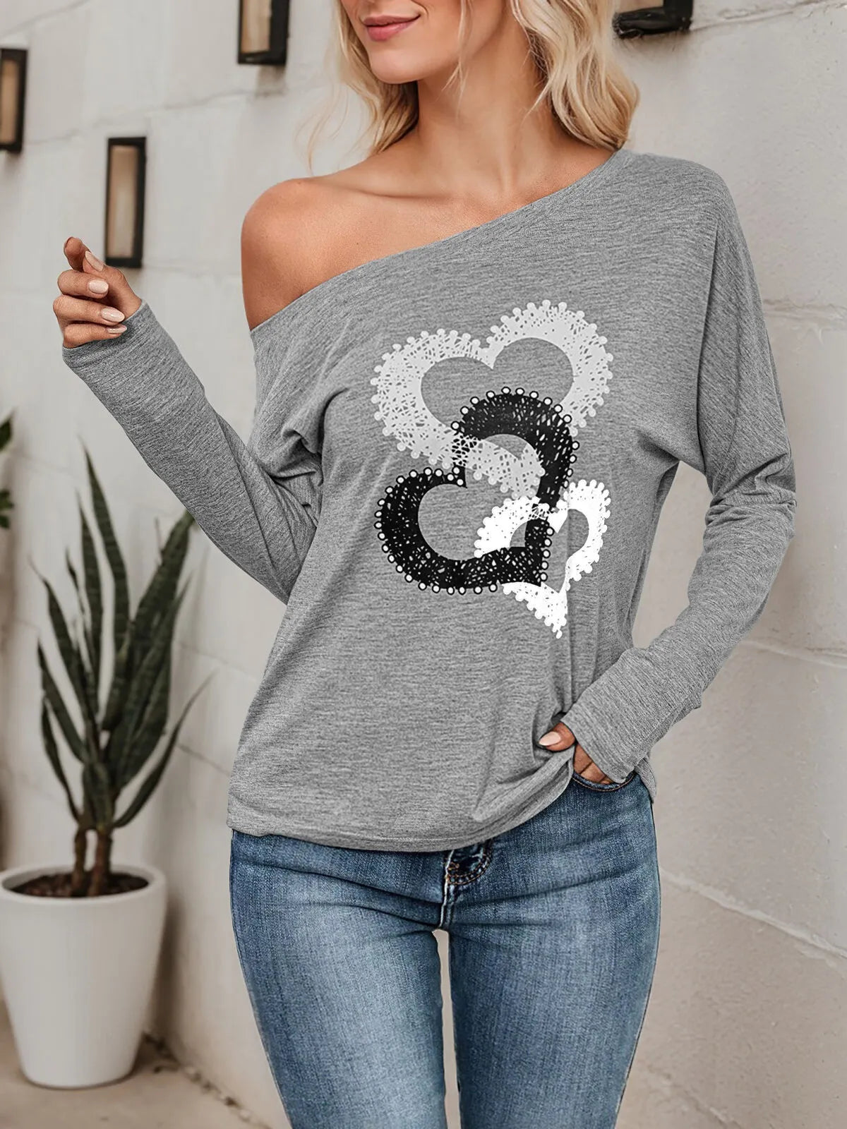 Heart Off Shoulder Long Sleeve T-shirt