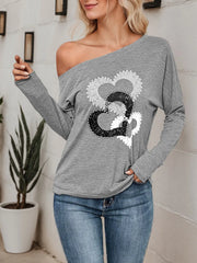 Heart Off Shoulder Long Sleeve T-shirt