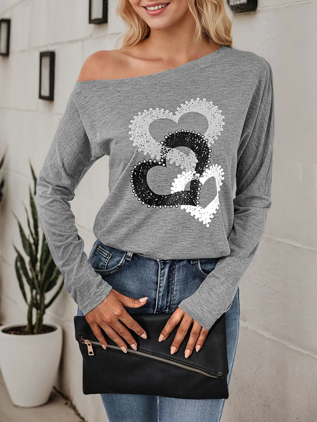 Heart Off Shoulder Long Sleeve T-shirt
