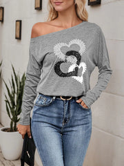Heart Off Shoulder Long Sleeve T-shirt