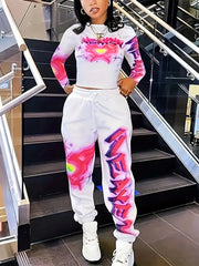 Heart Round Neck Lace-up Blouse & Heart Sweatpants