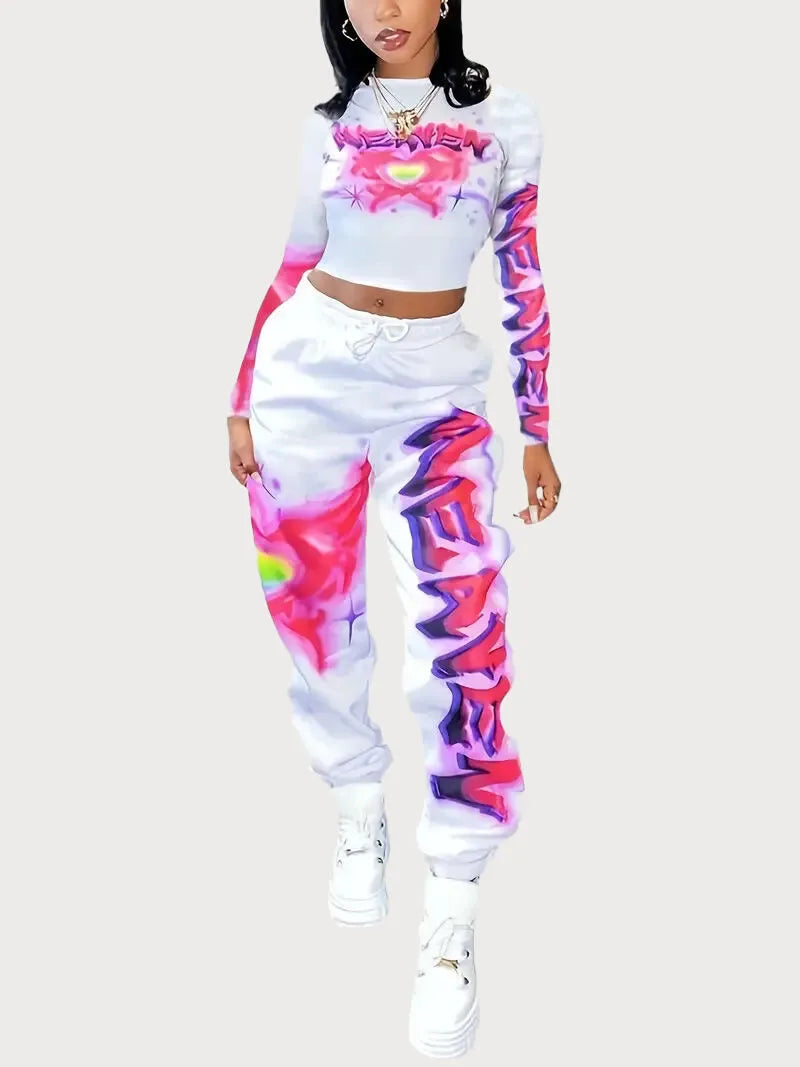 Heart Round Neck Lace-up Blouse & Heart Sweatpants