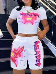 Heart Round Neck Lace-up T-shirt & Heart Shorts