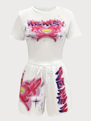 Heart Round Neck Lace-up T-shirt & Heart Shorts