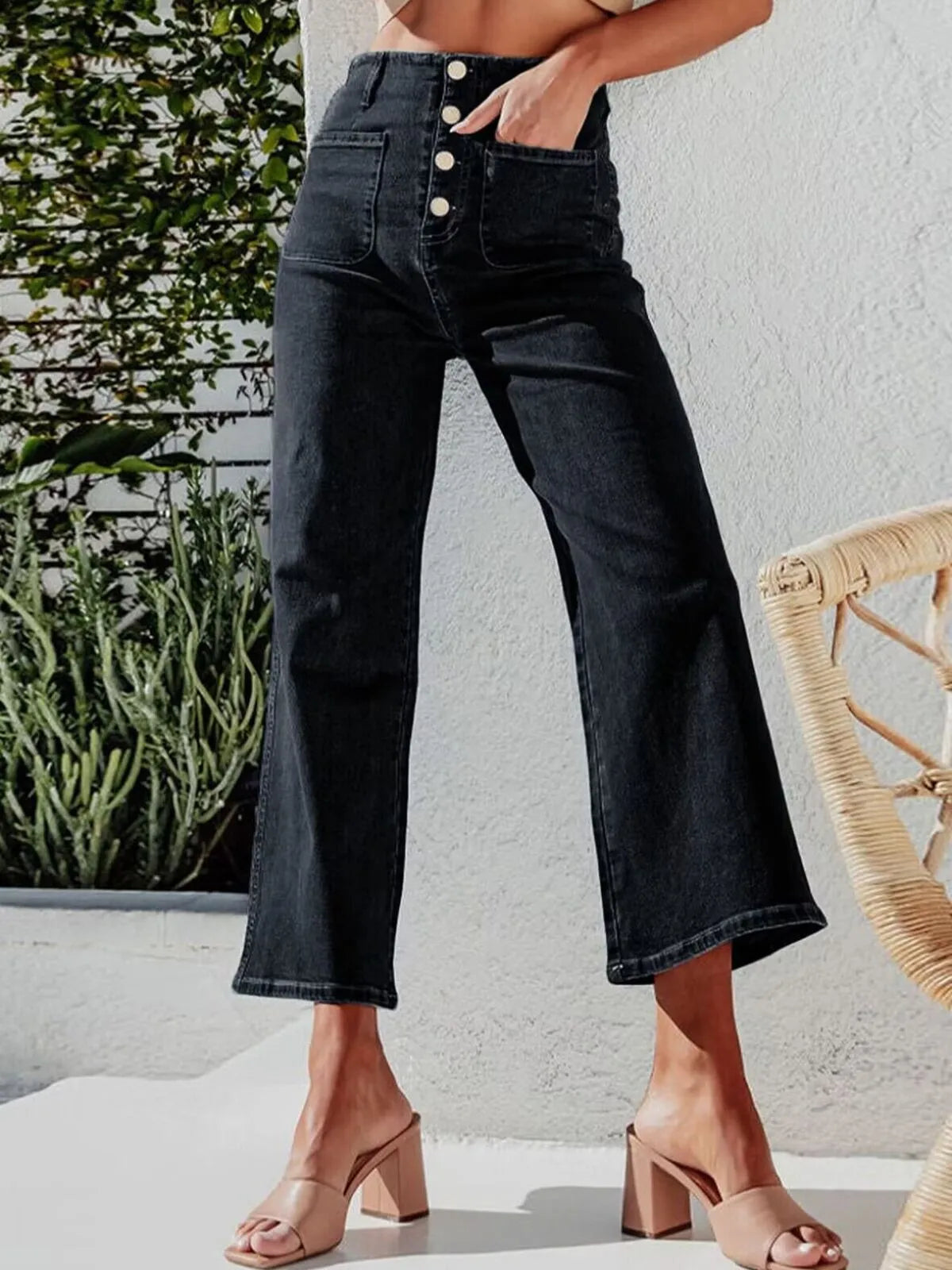 Stretchy High Waisted Stretchy Straight Leg Buttoned Loose Pocket Denim Jeans