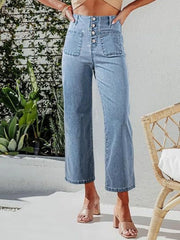 Stretchy High Waisted Stretchy Straight Leg Buttoned Loose Pocket Denim Jeans