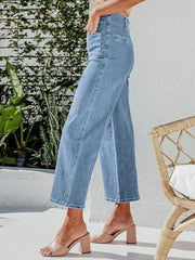 Stretchy High Waisted Stretchy Straight Leg Buttoned Loose Pocket Denim Jeans