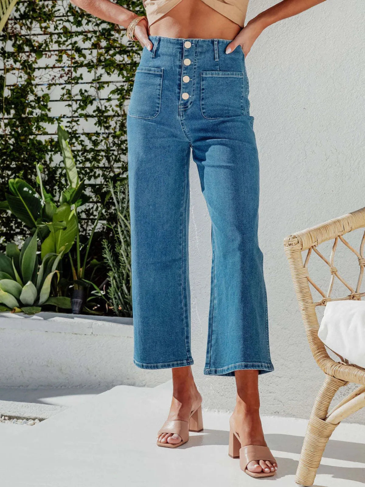 Stretchy High Waisted Stretchy Straight Leg Buttoned Loose Pocket Denim Jeans