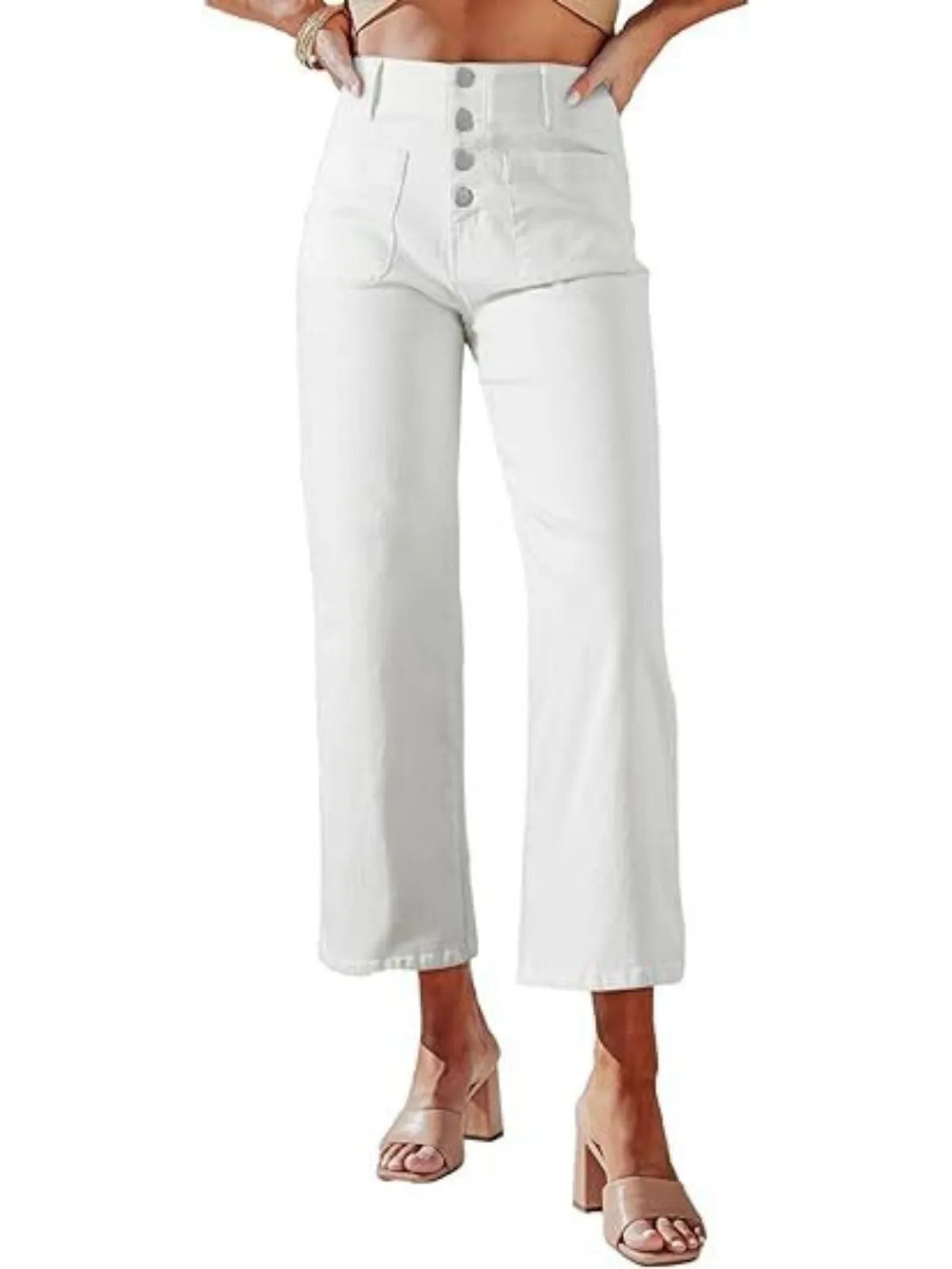 Stretchy High Waisted Stretchy Straight Leg Buttoned Loose Pocket Denim Jeans