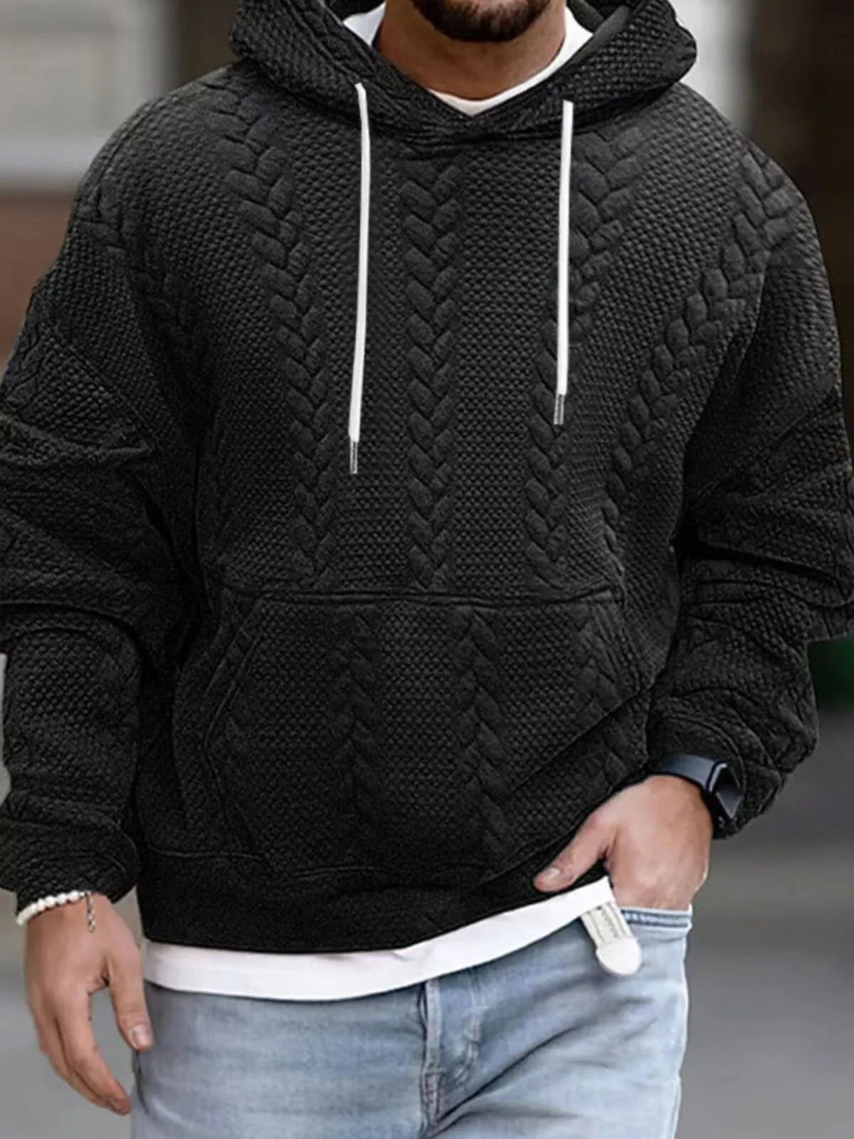 Men Solid Casual Relaxed Fit Knitted Pullover Sweater Hoodie