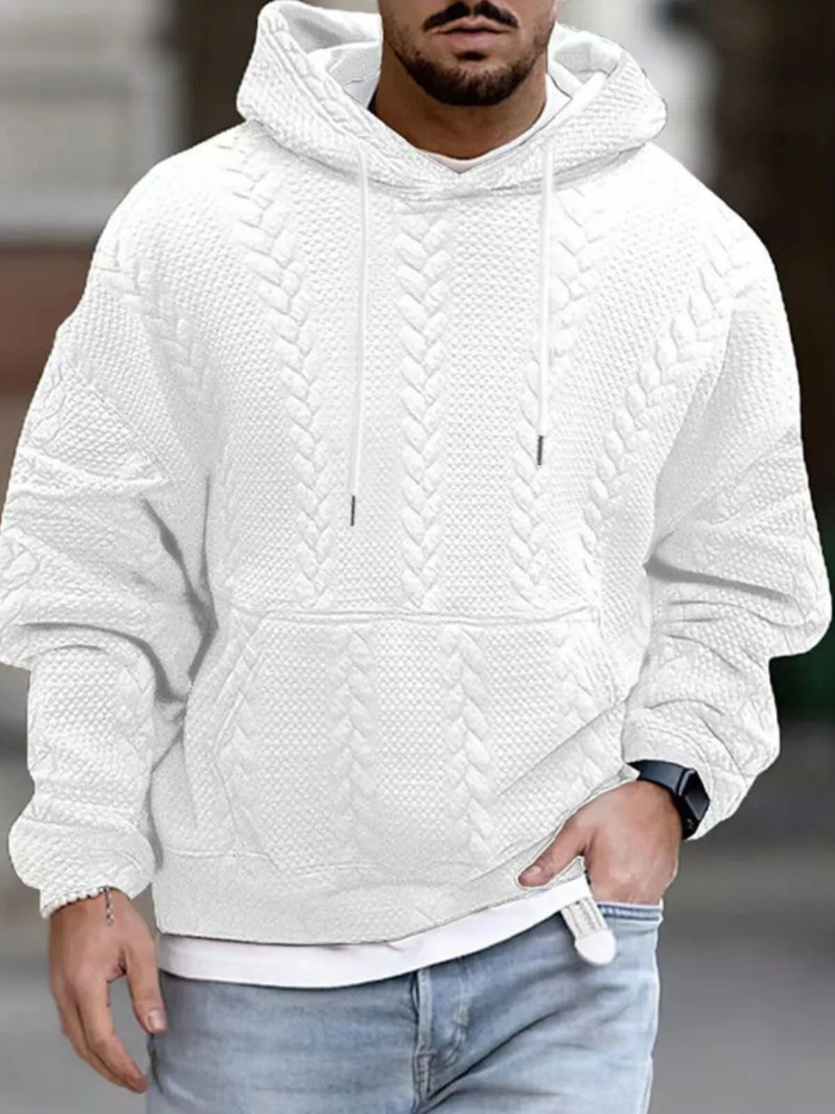 Men Solid Casual Relaxed Fit Knitted Pullover Sweater Hoodie