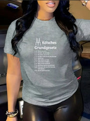 Klsches Grundgesetz Graphic T-Shirt - Women's Casual Gray Crew Neck Short Sleeve Top