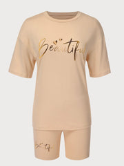Letter Round Neck T-shirt & Solid Shorts
