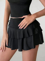 Knot Low Rise Elastic Waist Ruffle Skirt