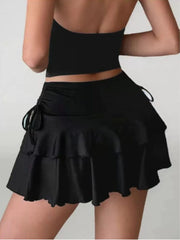Knot Low Rise Elastic Waist Ruffle Skirt