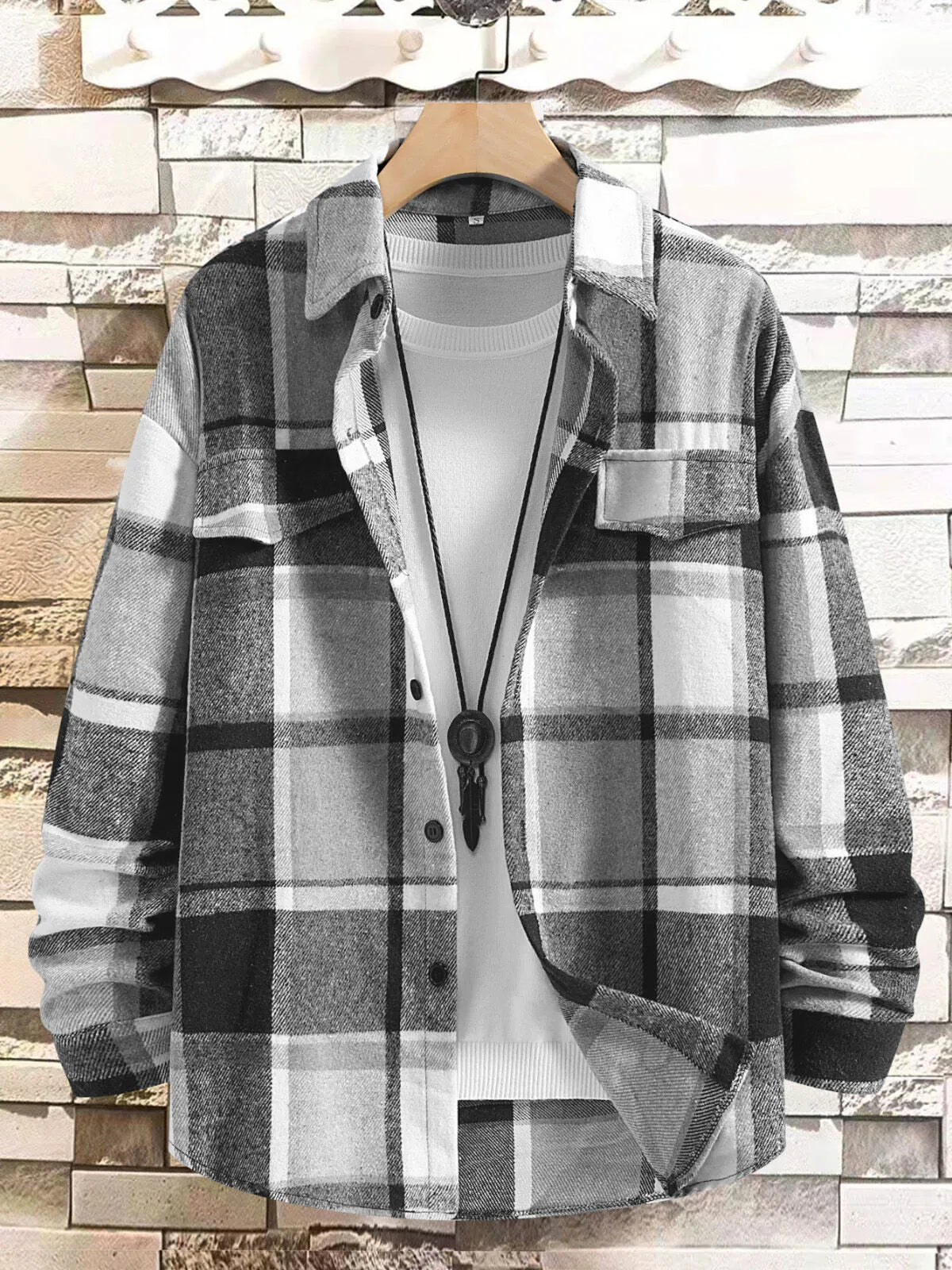 Men Classic Autumn Winter Gingham Plaid Lapel Woolen Cloth Jacket Coat