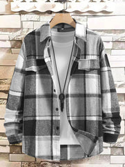 Men Classic Autumn Winter Gingham Plaid Lapel Woolen Cloth Jacket Coat