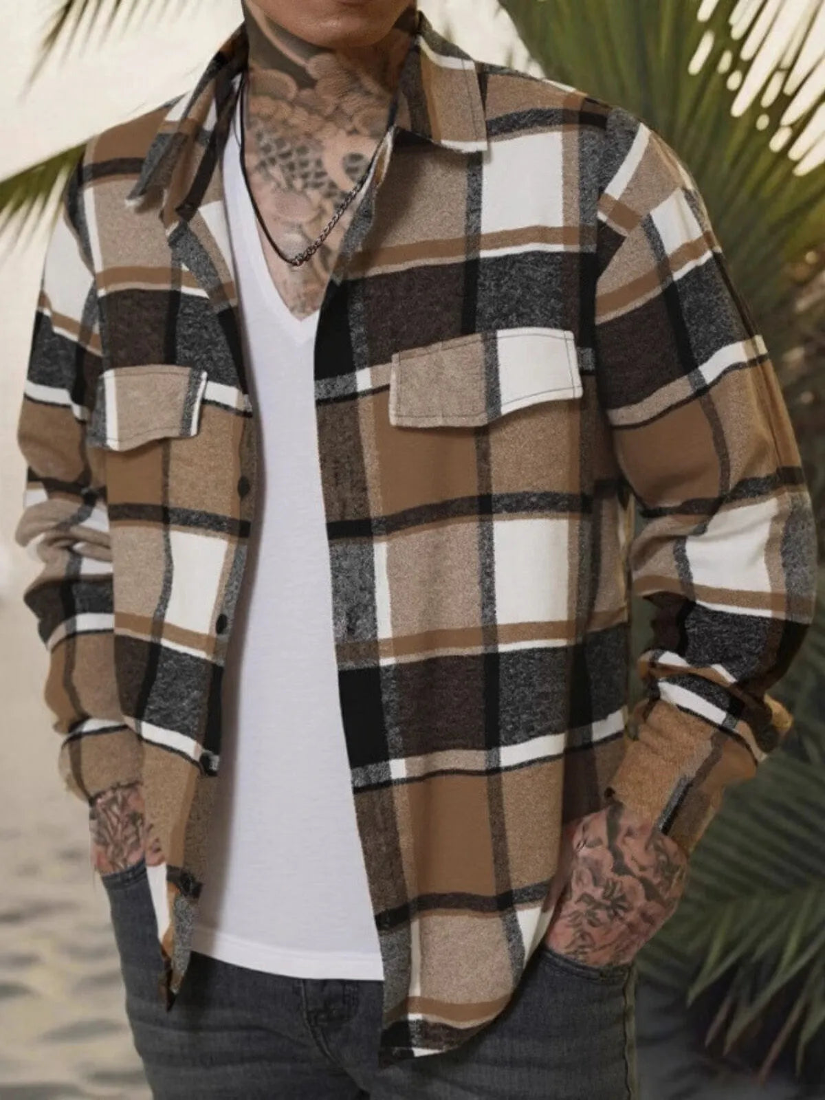 Men Classic Autumn Winter Gingham Plaid Lapel Woolen Cloth Jacket Coat