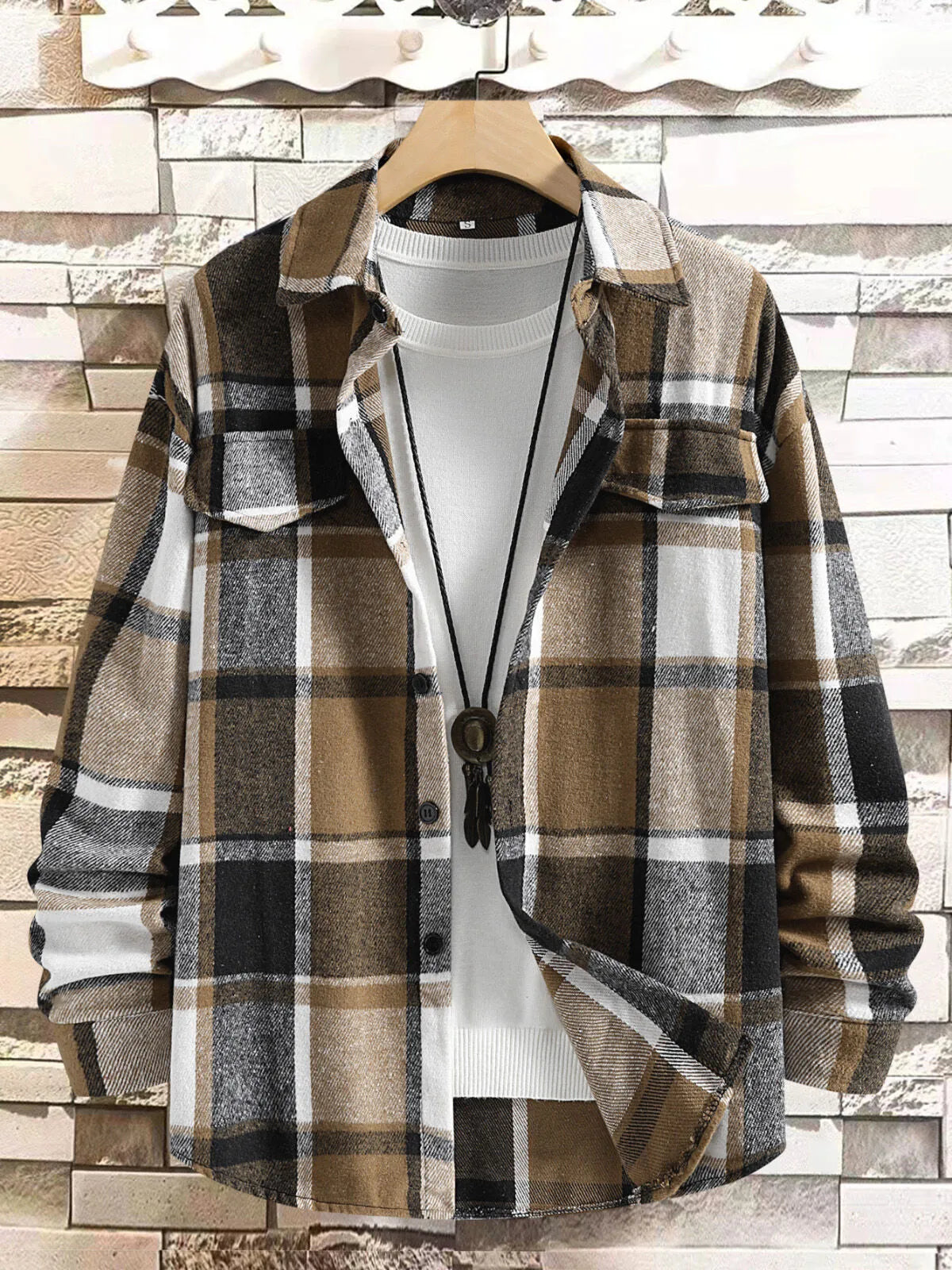 Men Classic Autumn Winter Gingham Plaid Lapel Woolen Cloth Jacket Coat
