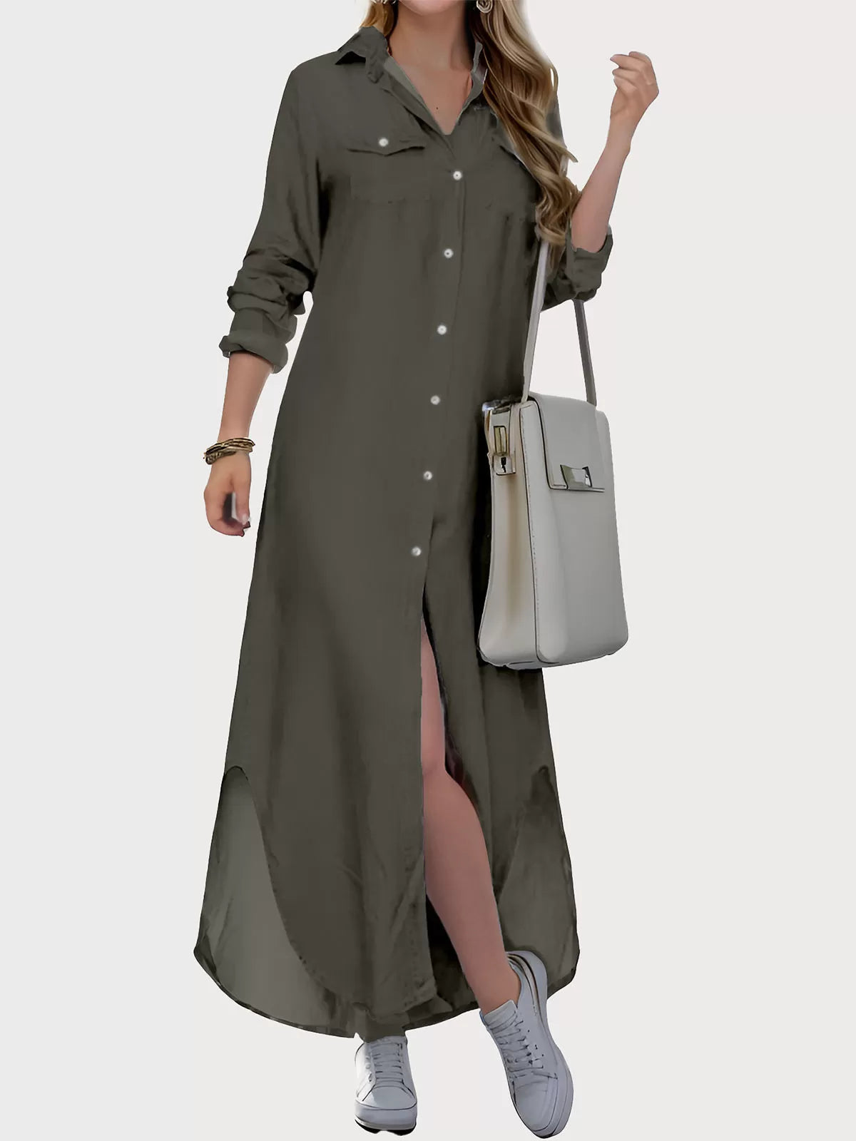 Lapel Shirt Long Sleeve A-line Dress