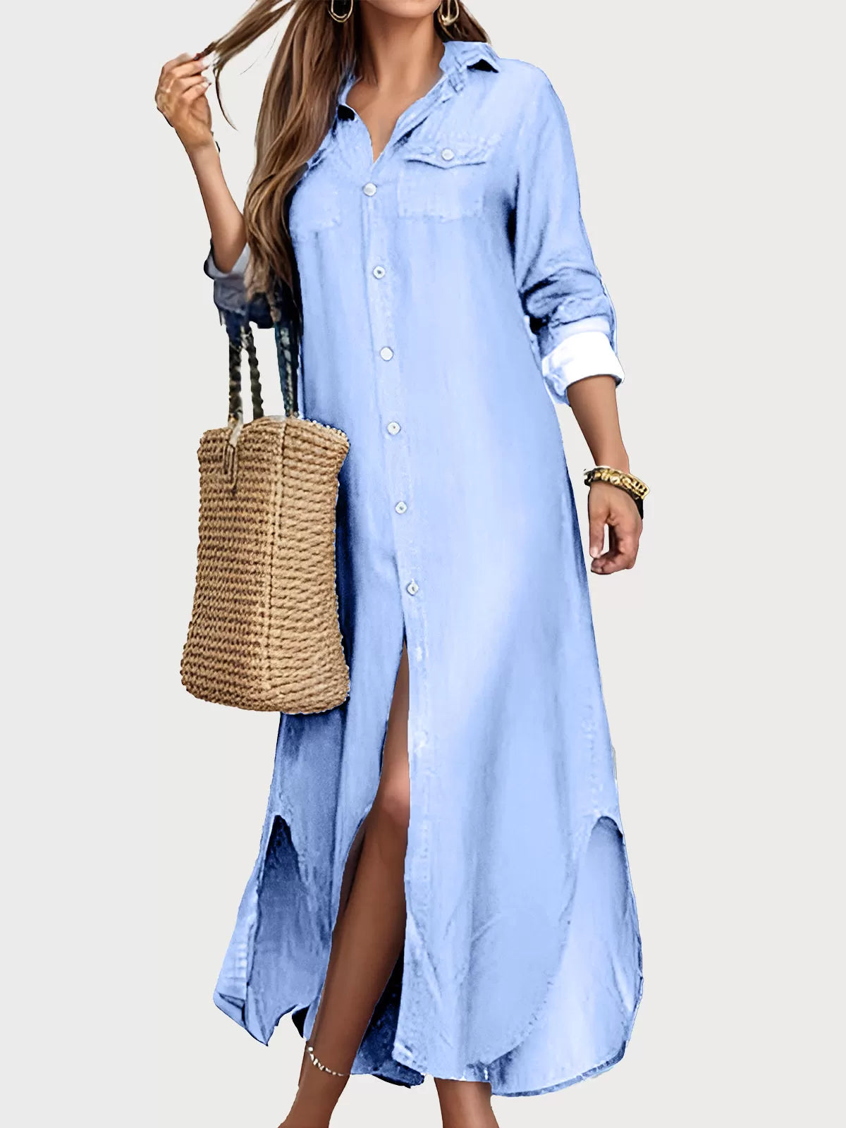 Lapel Shirt Long Sleeve A-line Dress