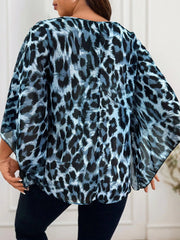 Leopard Asymmetrical Round Neck Batwing Sleeve Regular Blouse