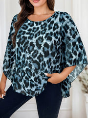 Leopard Asymmetrical Round Neck Batwing Sleeve Regular Blouse