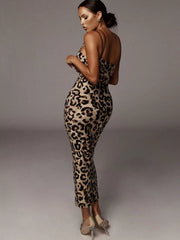 All Over Leopard Sexy Party Club Night Out Backless Spaghetti Strap Midi Bodycon Dress