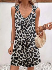 Leopard Metal Button V-neck A-line Dress
