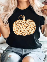 Leopard Pumpkin Print Round Neck T-shirt