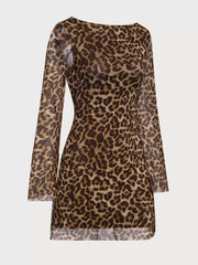 Leopard Round Neck Regular Long Sleeve Backless Lace up Bodycon Dress