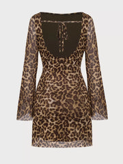 Leopard Round Neck Regular Long Sleeve Backless Lace up Bodycon Dress