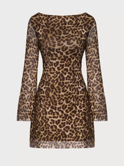 Leopard Round Neck Regular Long Sleeve Backless Lace up Bodycon Dress