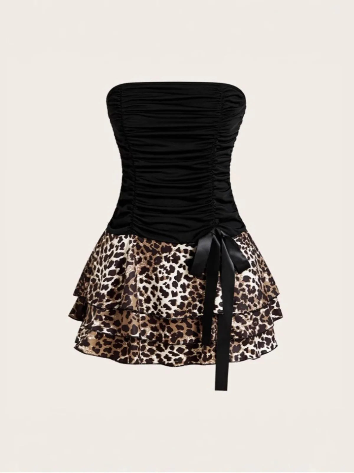 Leopard Sexy Party Tie Back Strapless Tiered Dress