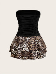 Leopard Sexy Party Tie Back Strapless Tiered Dress