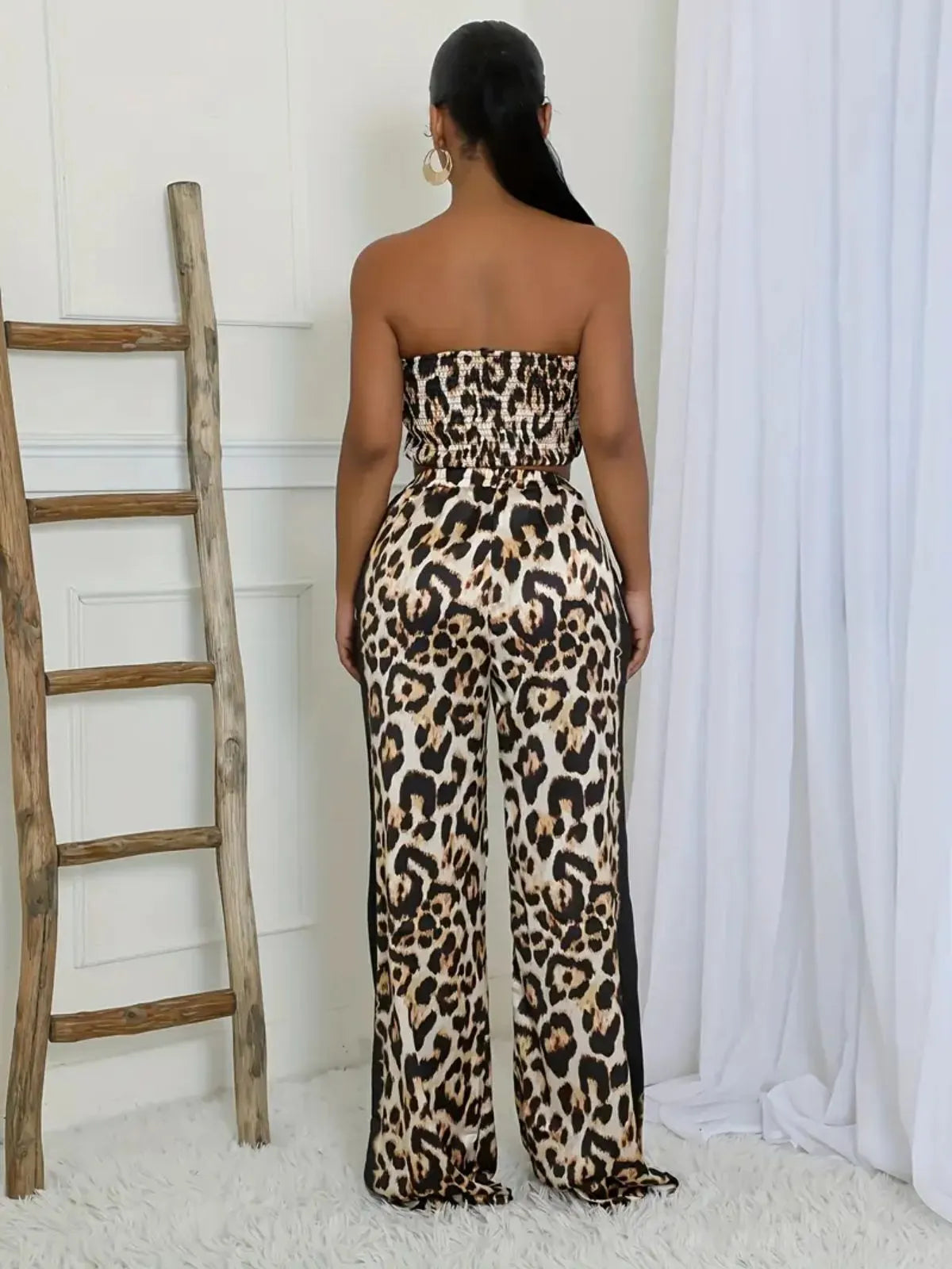 Leopard Sexy Strapless Wrinkle Crop Top & Leopard Straight Leg Pants