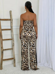 Leopard Sexy Strapless Wrinkle Crop Top & Leopard Straight Leg Pants