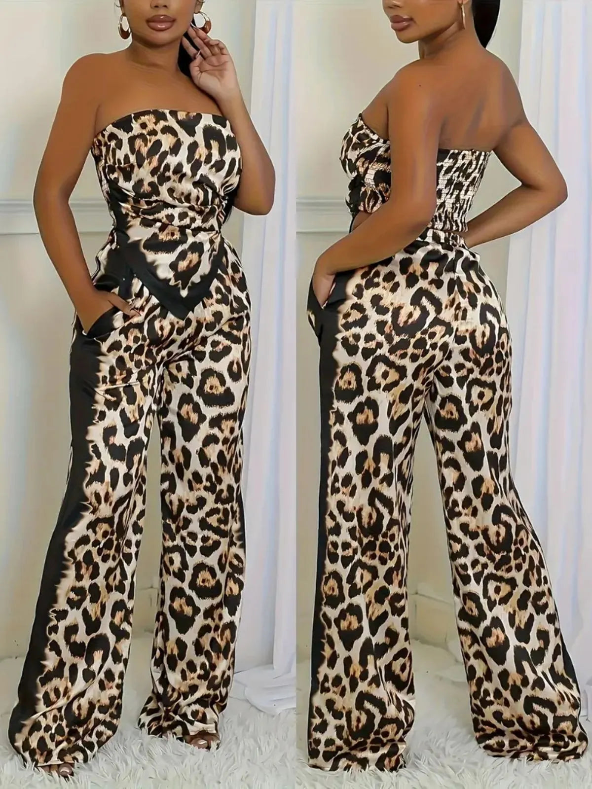 Leopard Sexy Strapless Wrinkle Crop Top & Leopard Straight Leg Pants