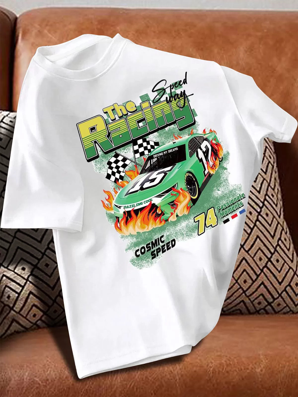 Letter & Car The Racing Round Neck Short Sleeve T-shirt