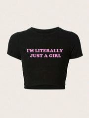 Letter Round Neck Regular Short Sleeve Crop T-shirt