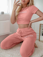 Letter Print Short Sleeve Pajama Pants Set