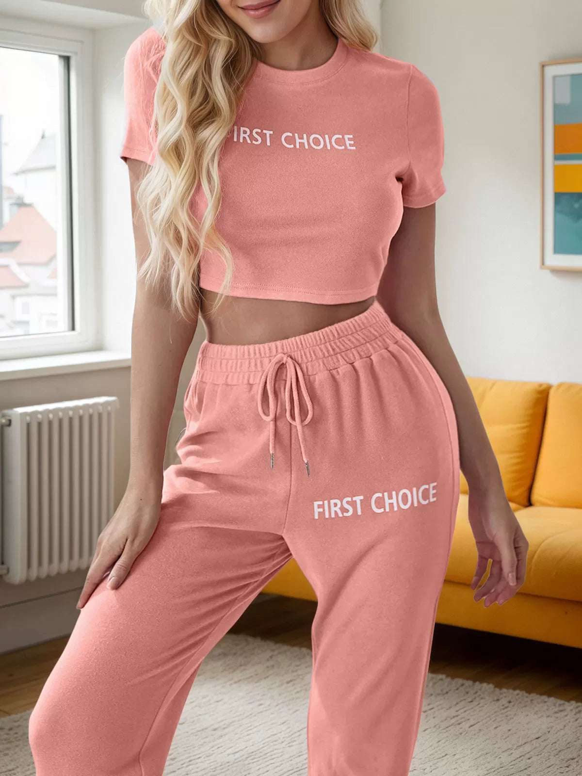 Letter Print Short Sleeve Pajama Pants Set