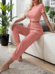 Letter Print Short Sleeve Pajama Pants Set