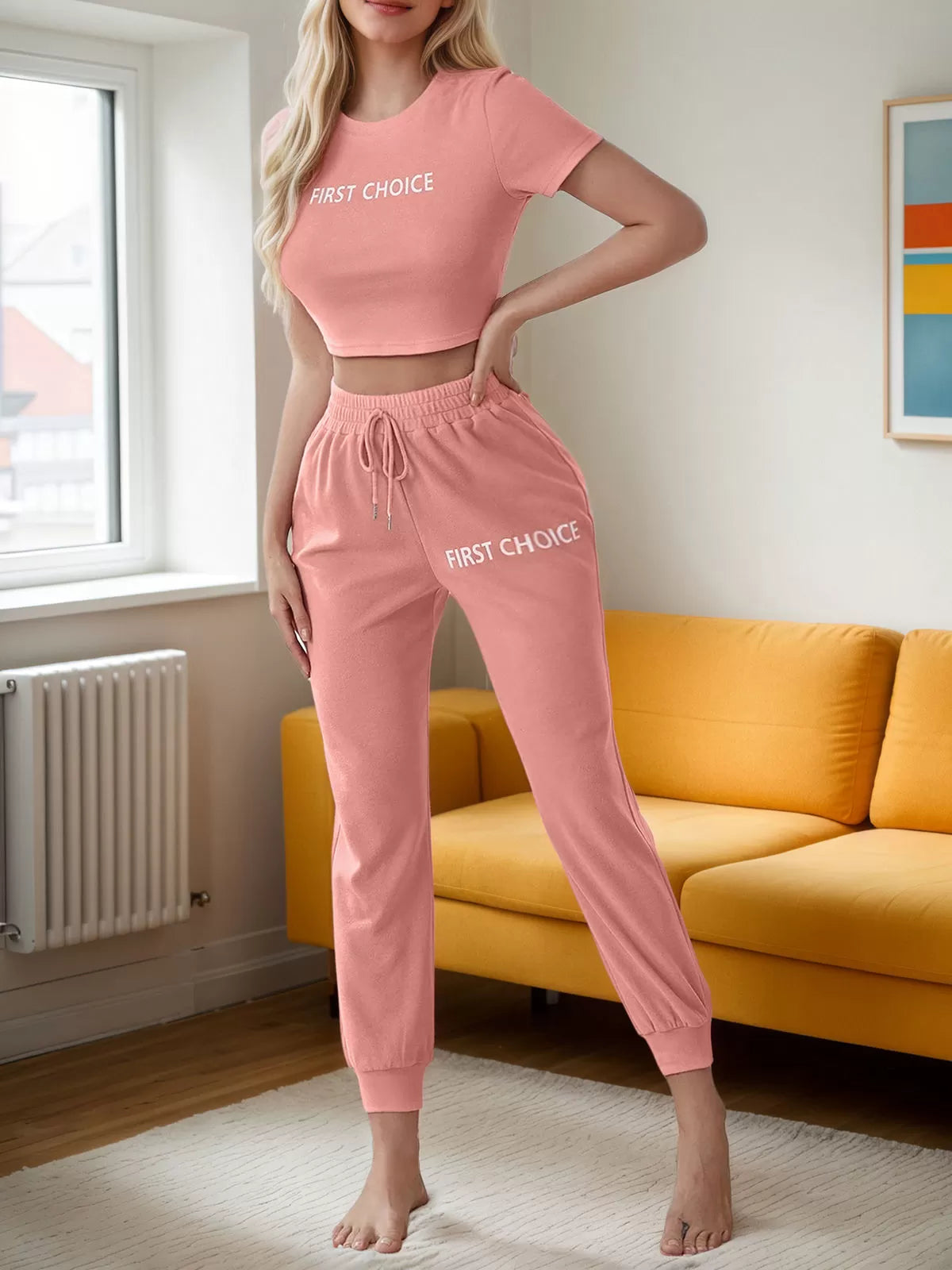 Letter Print Short Sleeve Pajama Pants Set