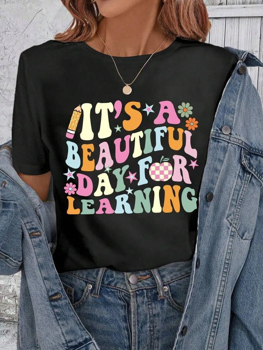 Slogan Print It's Beautiful Day For Learning Chemistry Round Neck T-shirt