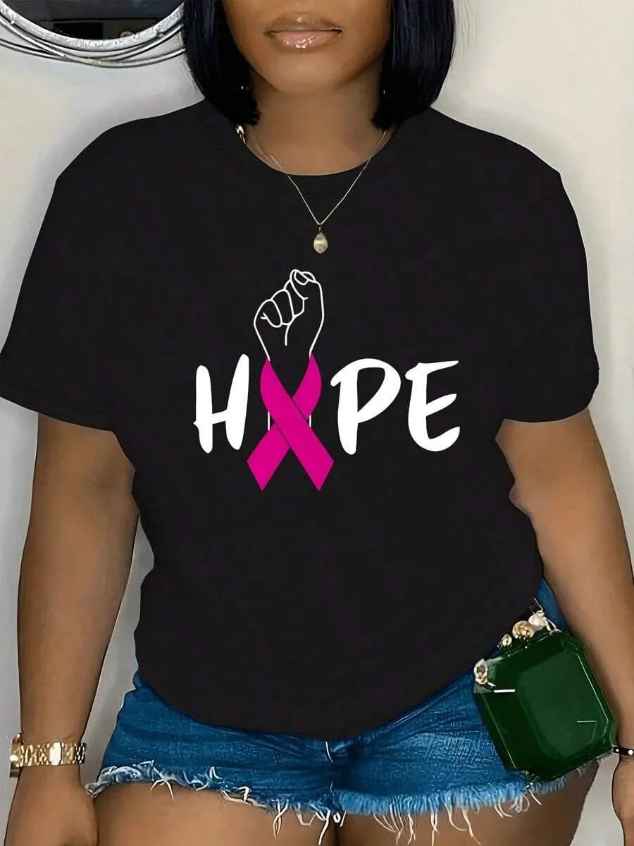 Letter Breast Cancer Awareness Day Hope Round Neck T-shirt