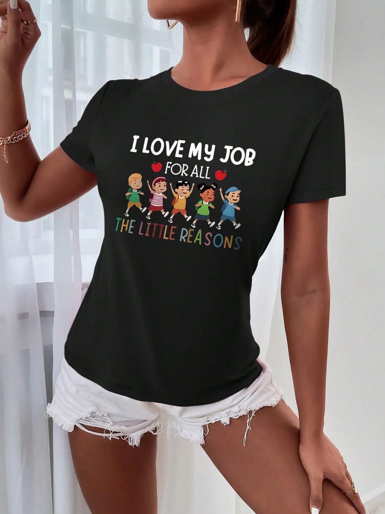 Slogan I Love My Job Figure Graphic Round Neck T-shirt