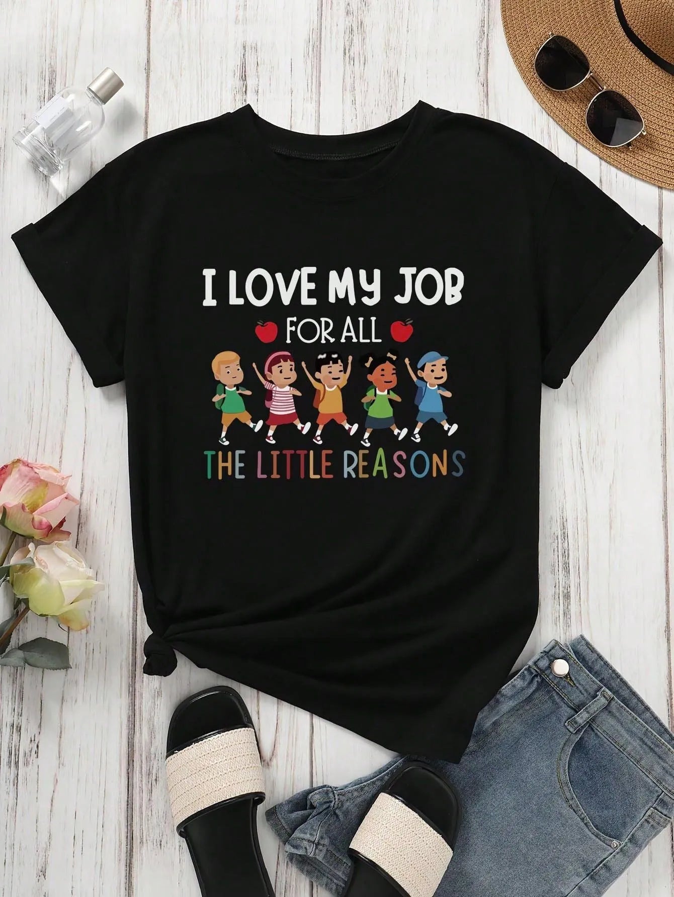 Slogan I Love My Job Figure Graphic Round Neck T-shirt