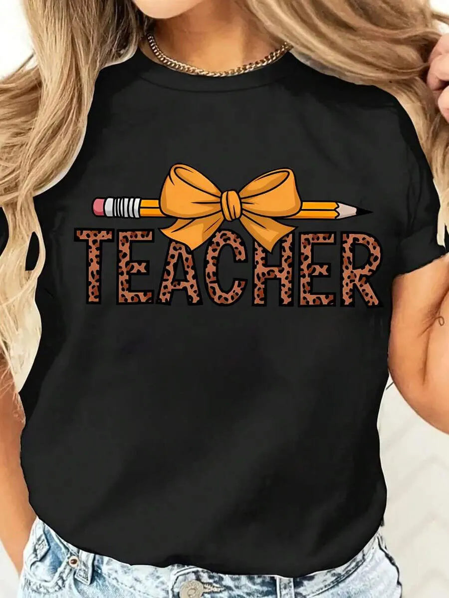 Leopard Print Pencil Bow Teacher Round Neck T-shirt