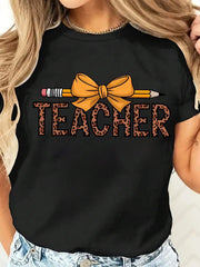 Leopard Print Pencil Bow Teacher Round Neck T-shirt